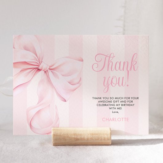 Pink Bow Girl First Birthday Flat Thank You Card Bedankkaart