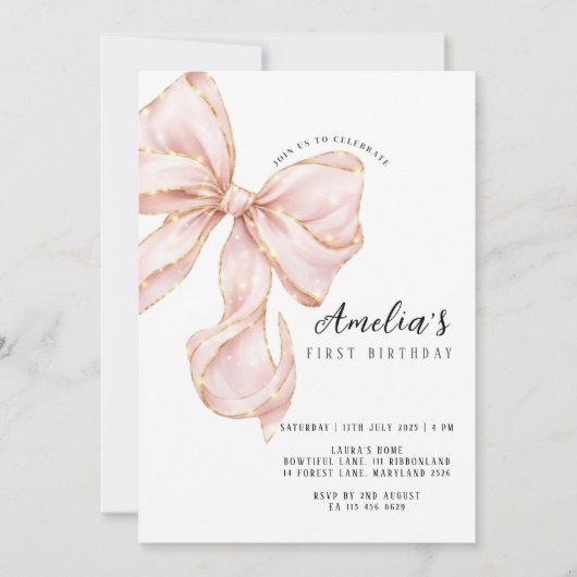 Pink Bow Girl First Birthday  Kaart (Voorkant)