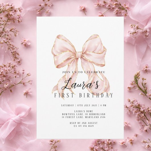 Pink Bow Girl First Birthday  Kaart