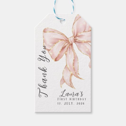 Pink Bow Girl First Birthday Party  Cadeaulabel (Voorkant)