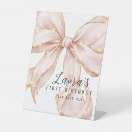 Pink Bow Girl First Birthday Party Reclamebord Met Voetstuk
