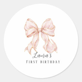 Pink Bow Girl First Birthday Party Ronde Sticker