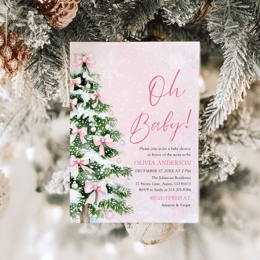 Pink Bow Girl Kerstboom Oh Baby Baby shower Kaart