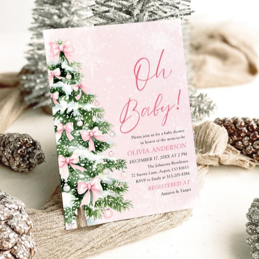 Pink Bow Girl Kerstboom Oh Baby Baby shower Kaart