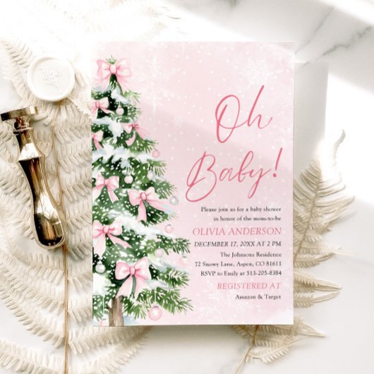 Pink Bow Girl Kerstboom Oh Baby Baby shower Kaart