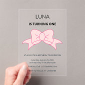 Pink Bow Girl Kids 1st Birthday Acryl Uitnodigingen (Insitu (Draagbaar))