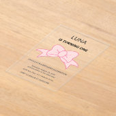 Pink Bow Girl Kids 1st Birthday Acryl Uitnodigingen (Laagn)