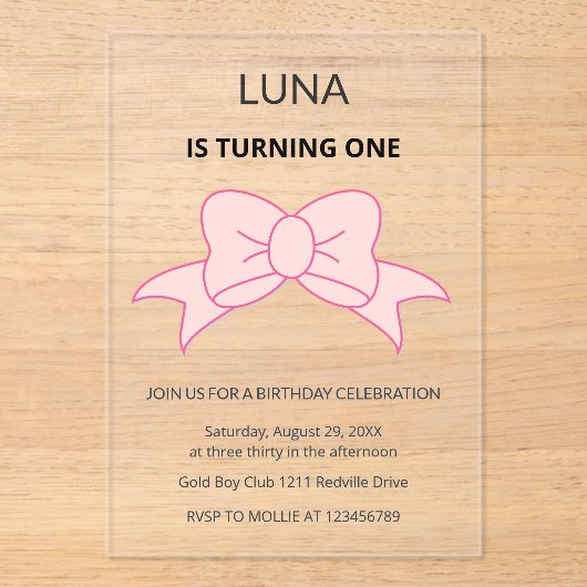 Pink Bow Girl Kids 1st Birthday Acryl Uitnodigingen (Voorkant)