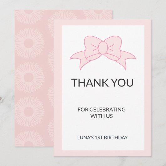 Pink Bow Girl Kids 1st Birthday  Bedankkaart (Voorkant / Achterkant)