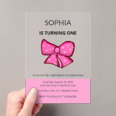 Pink Bow Girl Kids First Birthday Acryl Uitnodigingen (Insitu (Draagbaar))