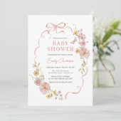 Pink Bow Girl Wildflower Butterfly Baby shower Kaart (Staand voorkant)