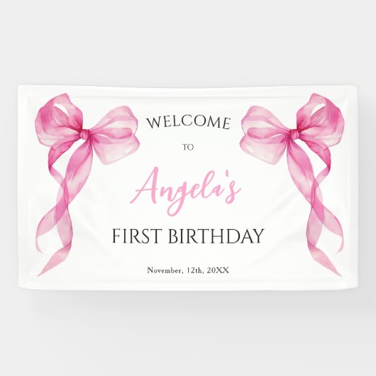Pink Bow Girls 1e verjaardag Welkom Spandoek (Horizontaal)
