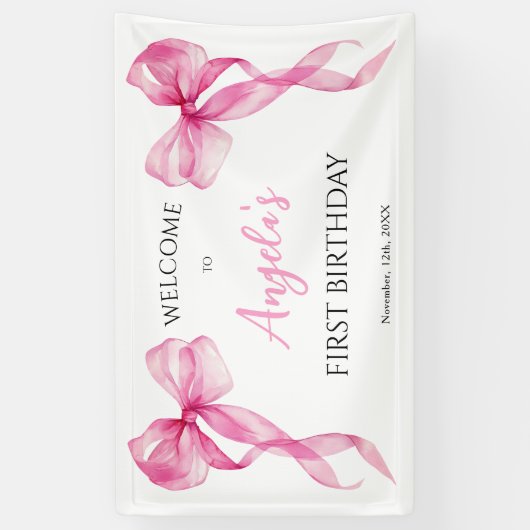 Pink Bow Girls 1e verjaardag Welkom Spandoek (Verticaal)