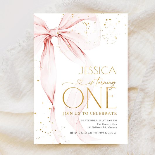 Pink Bow Girls 1st Birthday Kaart