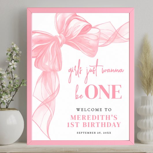 Pink Bow Girls 1st Birthday Welcome Sign Poster