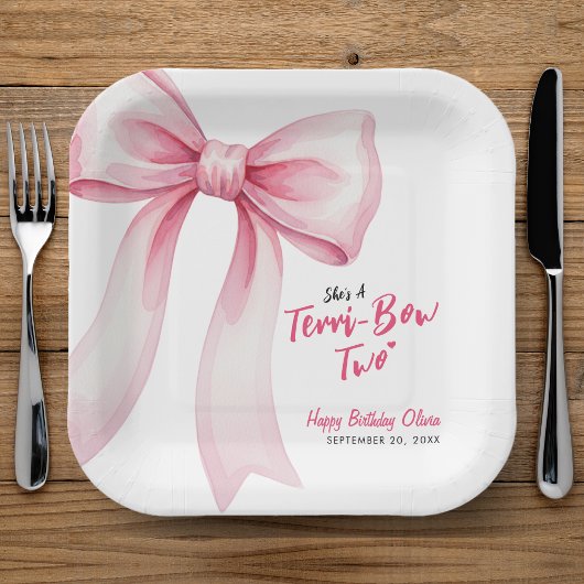 Pink Bow Girls 2nd Birthday Party Terrible Two Papieren Bordje