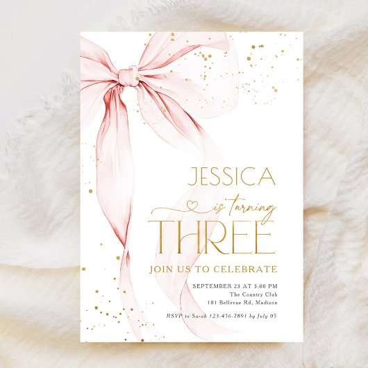 Pink Bow Girls 3rd Birthday  Kaart