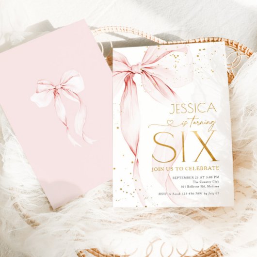 Pink Bow Girls 6th Birthday  Kaart