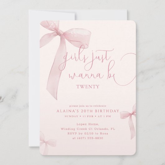 Pink Bow Girls Just Wanna be Twenty Birthday Kaart (Voorkant)