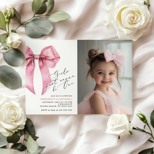 Pink Bow Girls willen gewoon One Photo-verjaardag  Kaart
