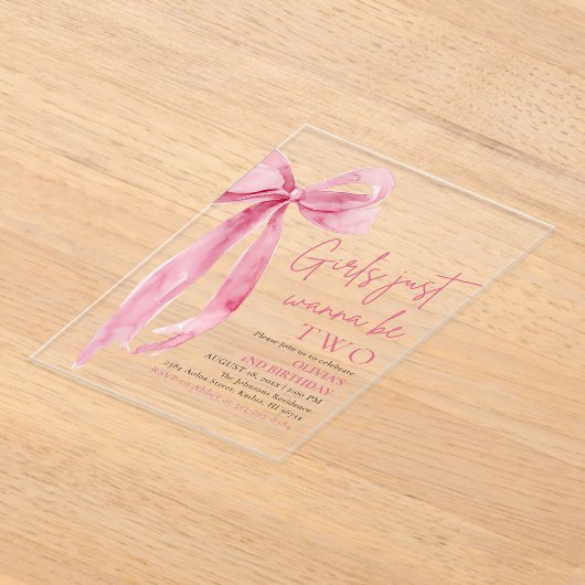 Pink Bow Girls willen twee keer jarig zijn Acryl Uitnodigingen (Laagn)