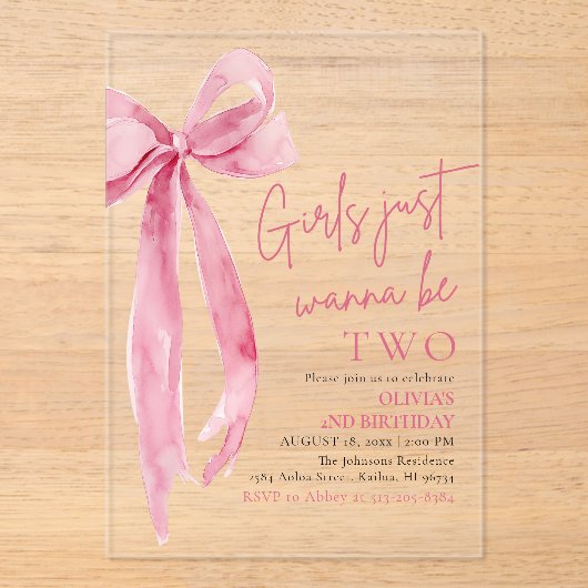 Pink Bow Girls willen twee keer jarig zijn Acryl Uitnodigingen (Voorkant)