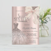 Pink Bow Glitter Dress Rose Gold Sweet 16  Kaart (Staand voorkant)
