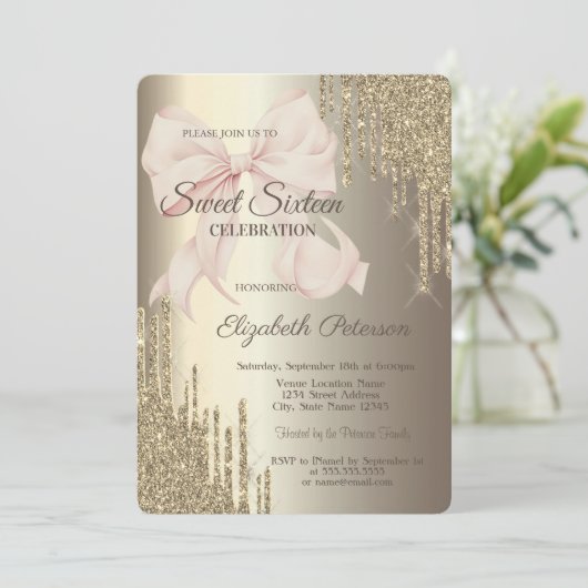 Pink Bow Glitter Drips Champagne Sweet 16 Kaart (Staand voorkant)