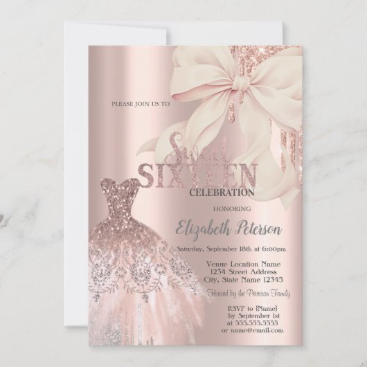 Pink Bow Glitter Drips,Dress Rose Gold Sweet 16 Kaart (Voorkant)