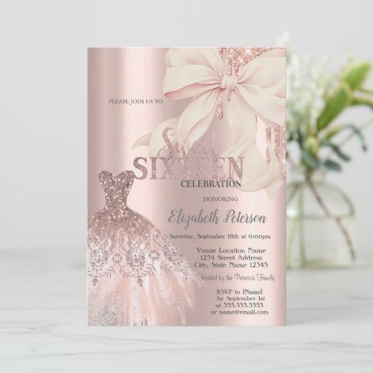 Pink Bow Glitter Drips,Dress Rose Gold Sweet 16 Kaart (Staand voorkant)