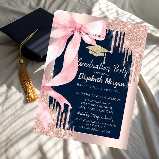 Pink Bow Glitter Grad Cap,Drips Navy Blue   Kaart