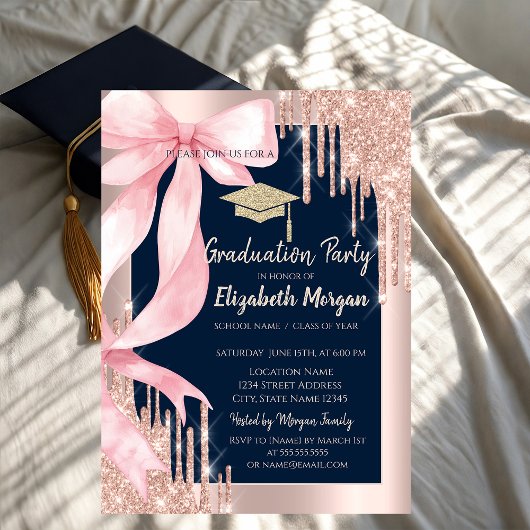 Pink Bow Glitter Grad Cap,Drips Photo Navy Blue Kaart