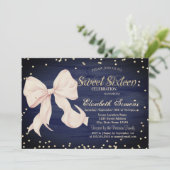 Pink Bow Gold Diamonds Navy Blue Sweet 16 Kaart (Staand voorkant)