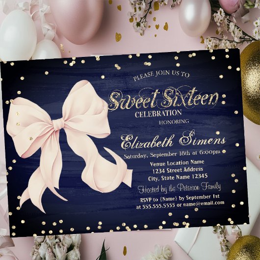 Pink Bow Gold Diamonds Navy Blue Sweet 16 Kaart