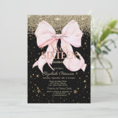 Pink Bow Gold Diamonds Stars Black Sweet 16 Kaart (Staand voorkant)