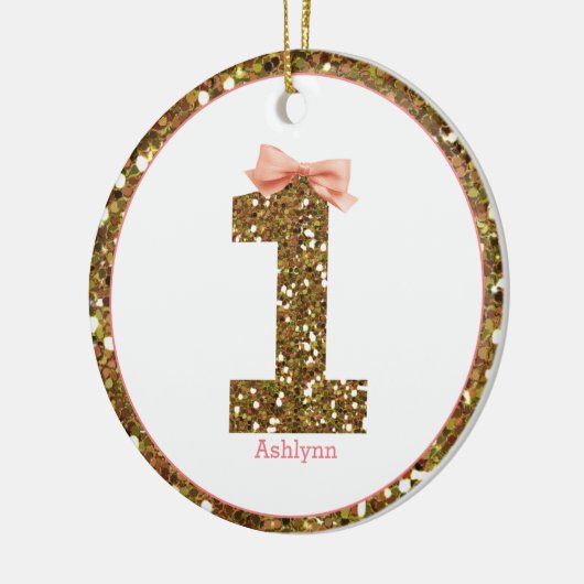 Pink Bow Gold Glitter Eén eerste verjaardag Keramisch Ornament (Links)