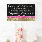 Pink Bow Gold Glitter Meisjes Afstudeerfeest Spandoek (Insitu)