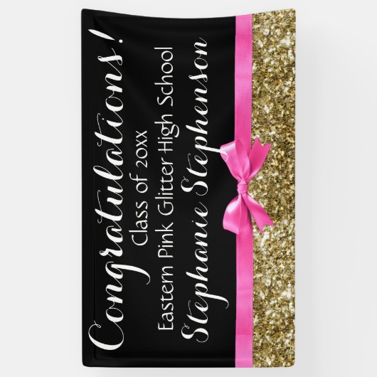 Pink Bow Gold Glitter Meisjes Afstudeerfeest Spandoek (Verticaal)