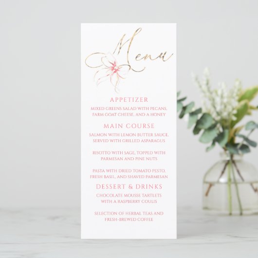 Pink Bow Gold Typography Elegant Party Menu (Staand voorkant)