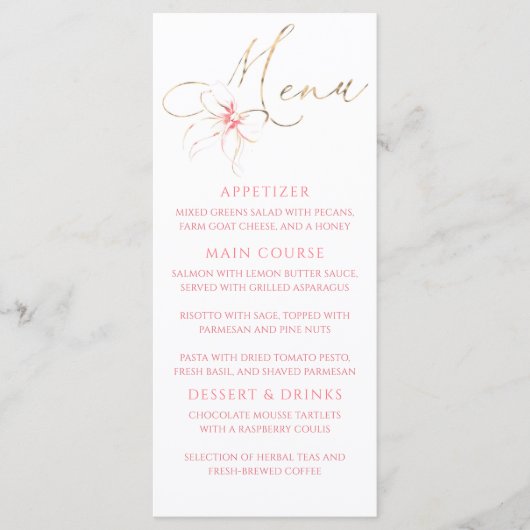 Pink Bow Gold Typography Elegant Party Menu (Voorkant)