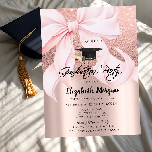 Pink Bow Grad Cap Rose Gold Glitter Graduation Kaart