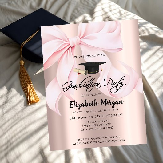 Pink Bow Grad Cap Rose Gold Your Photo Graduation Kaart