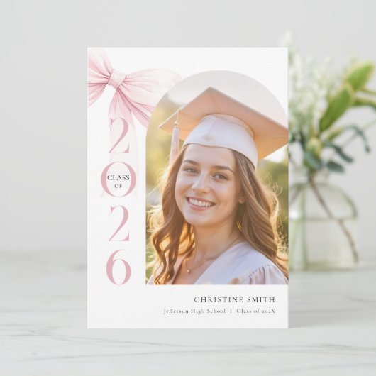 Pink Bow Graduation Announcement Aankondiging (Staand voorkant)