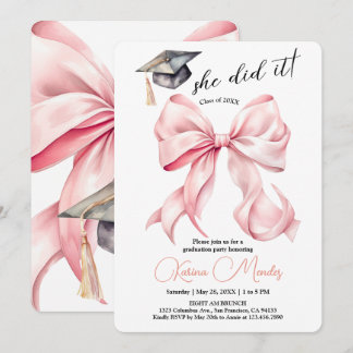 Pink Bow Graduation Invitation She Did it  Kaart