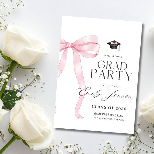 Pink Bow Graduation Party Coquette Modern Graduate Kaart