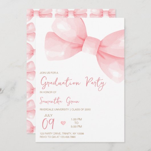 Pink Bow Graduation Party Kaart (Voorkant / Achterkant)