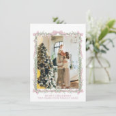 Pink Bow Green Garland Gingham Christmas 5 Foto Feestdagenkaart (Staand voorkant)