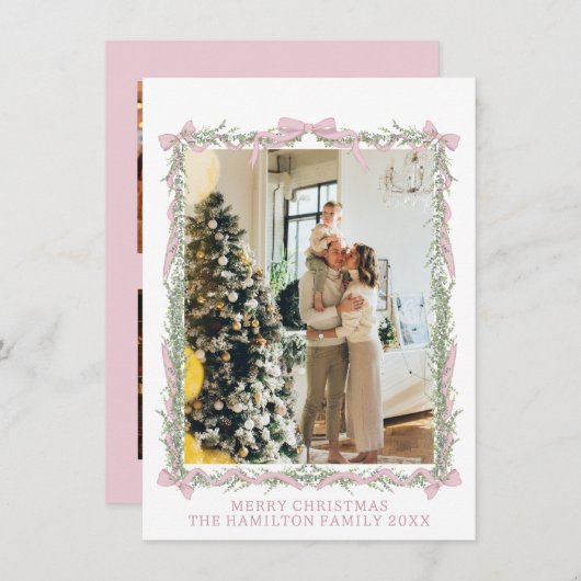 Pink Bow Green Garland Gingham Christmas 5 Foto Feestdagenkaart (Voorkant / Achterkant)