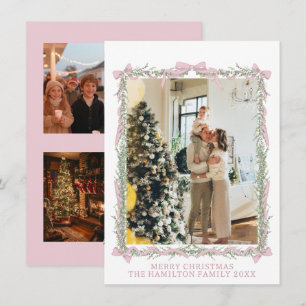 Pink Bow Green Garland Gingham Christmas 5 Foto Feestdagenkaart