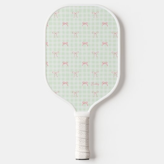 Pink Bow Green Gingham gepersonaliseerde naam Pickleball Paddle (Voorkant)
